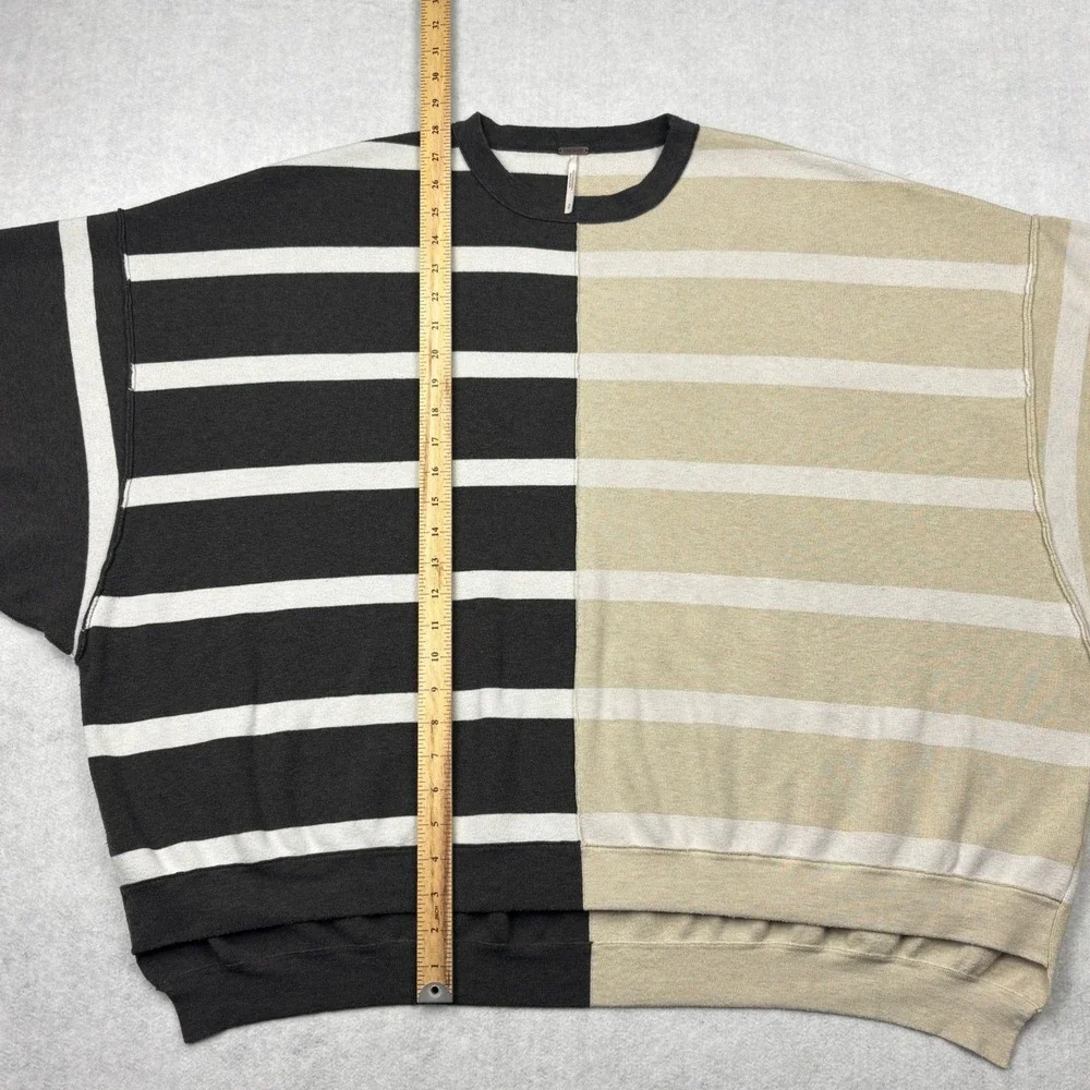 Free People Womens Small Black Tan Split Stripe Oversized Knit Pullover Sweater
